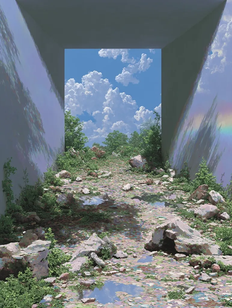 A digital painting depicts a sunlit, rocky path leading to a vibrant blue sky filled with fluffy white clouds. The path is framed by a rectangular opening in a grey, angular structure.  Lush green vegetation sprouts between the rocks, and small puddles of water reflect the sky.  The overall impression is one of surreal, tranquil beauty.