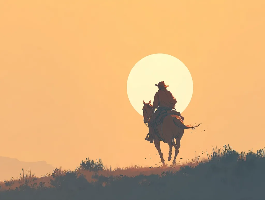 A lone cowboy rides his horse into the setting sun.  The large, pale sun dominates the warm, orange sky.  The silhouette of the rider and horse stand out against the vibrant backdrop, creating a classic Western scene.  The landscape is sparsely vegetated, emphasizing the vastness of the open plains.  The overall mood is one of solitude and journey.