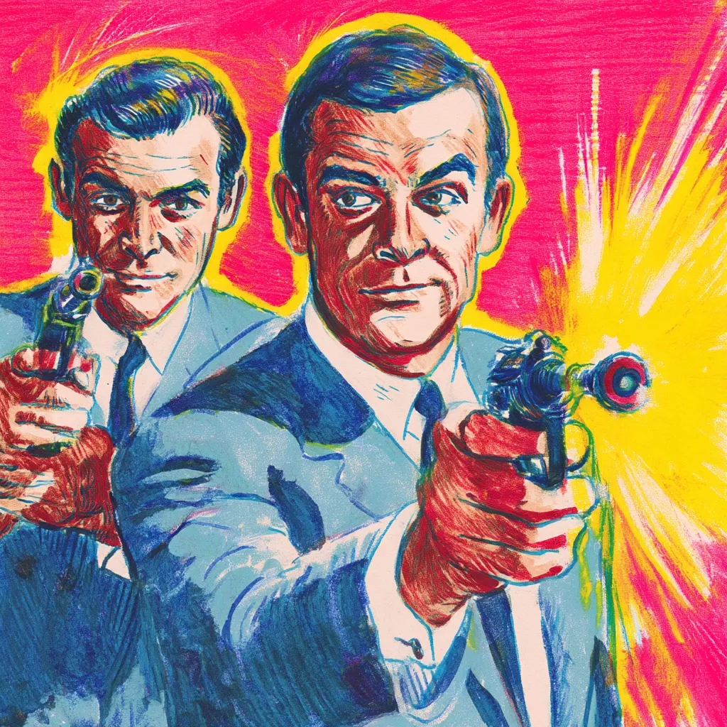 A vibrant, stylized artwork depicts two men, possibly secret agents, each aiming a pistol.  Bold colors and sharp lines create a dynamic composition.  The background features a bright explosion, suggesting action. The men's expressions are serious and determined, emphasizing a tense and exciting scene. The overall style is reminiscent of comic book art or vintage movie posters.