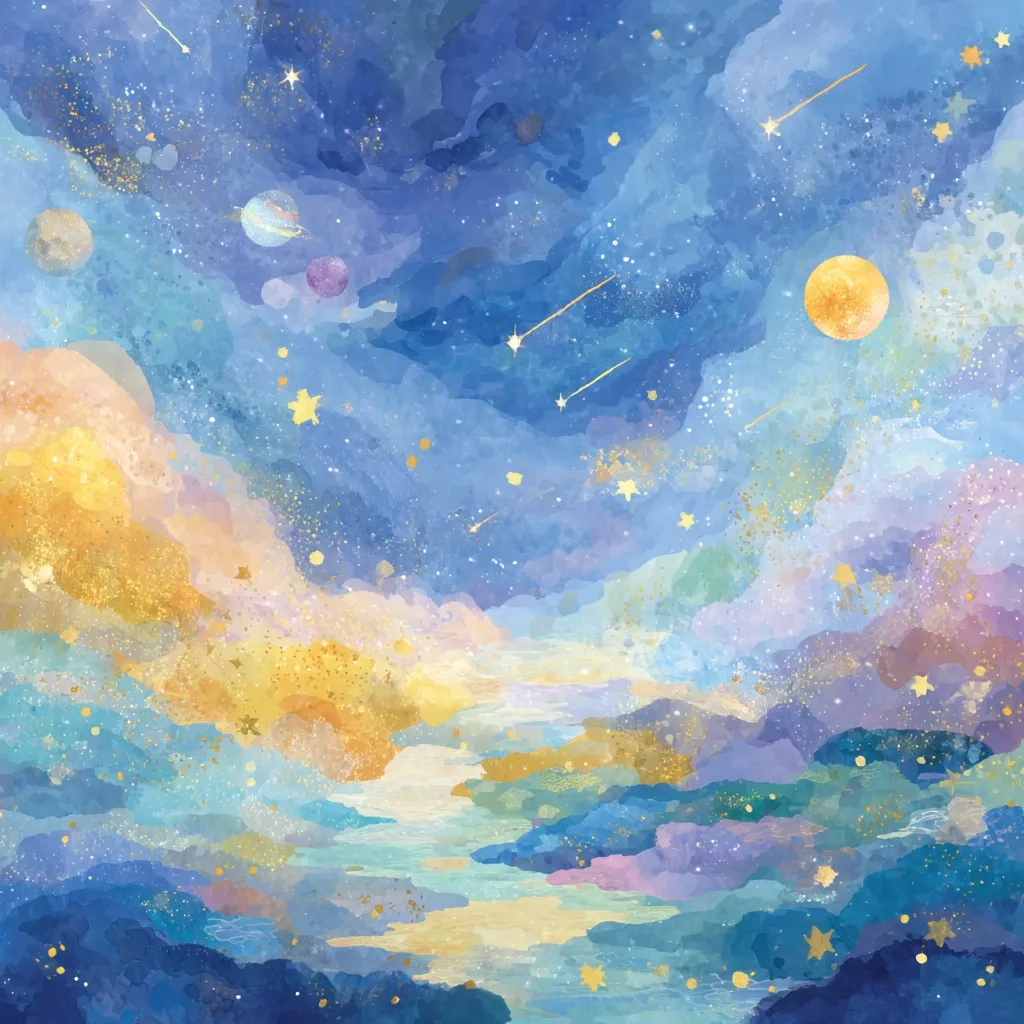 A dreamy watercolor landscape depicts a celestial scene.  Soft blues, purples, and golds create a swirling sky filled with stars, shooting stars, planets, and a large, golden moon.  A luminous river flows through a valley of pastel clouds, adding to the ethereal and magical atmosphere. The overall effect is serene and fantastical.