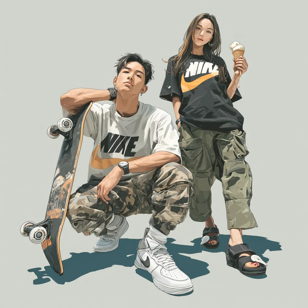 A stylish illustration depicts a young couple.  The man, crouching with a skateboard, wears camouflage pants and a Nike t-shirt, while the woman stands beside him, holding an ice cream cone. She sports a black Nike t-shirt and olive cargo pants. Both showcase a trendy streetwear aesthetic. The artwork's crisp lines and vibrant colors create a striking image of youthful coolness.