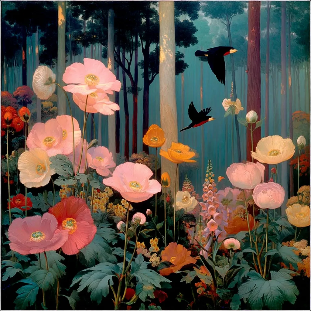 A serene forest scene unfolds, showcasing a vibrant array of pink and orange poppies in full bloom.  Two dark birds fly gracefully through the ethereal, misty atmosphere amongst the tall, slender trees. The lush greenery and soft light create a dreamlike, peaceful ambiance in this captivating artwork.  Various other wildflowers add to the profusion of color and texture.