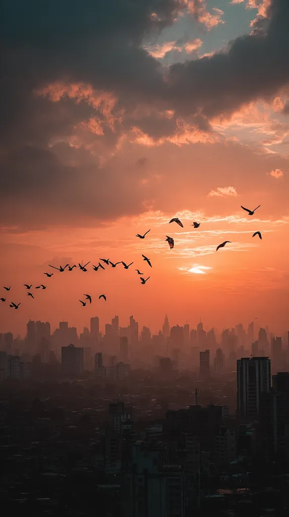 A flock of birds flies in a V-formation against a vibrant sunset sky over a hazy city skyline.  The orange and dusky hues of the sky contrast beautifully with the dark silhouettes of the buildings and birds.  The scene evokes a sense of peace and the transition between day and night. The city stretches out to the horizon, disappearing into the atmospheric haze.