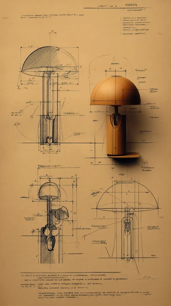 The image shows detailed technical drawings and a rendered model of a mushroom-shaped lamp.  The sepia-toned blueprints feature meticulous annotations and dimensions, illustrating the lamp's construction from various angles.  A physical model of the lamp is presented alongside the schematics, providing a visual representation of the design. The overall aesthetic suggests a vintage or archival presentation of the product's development.