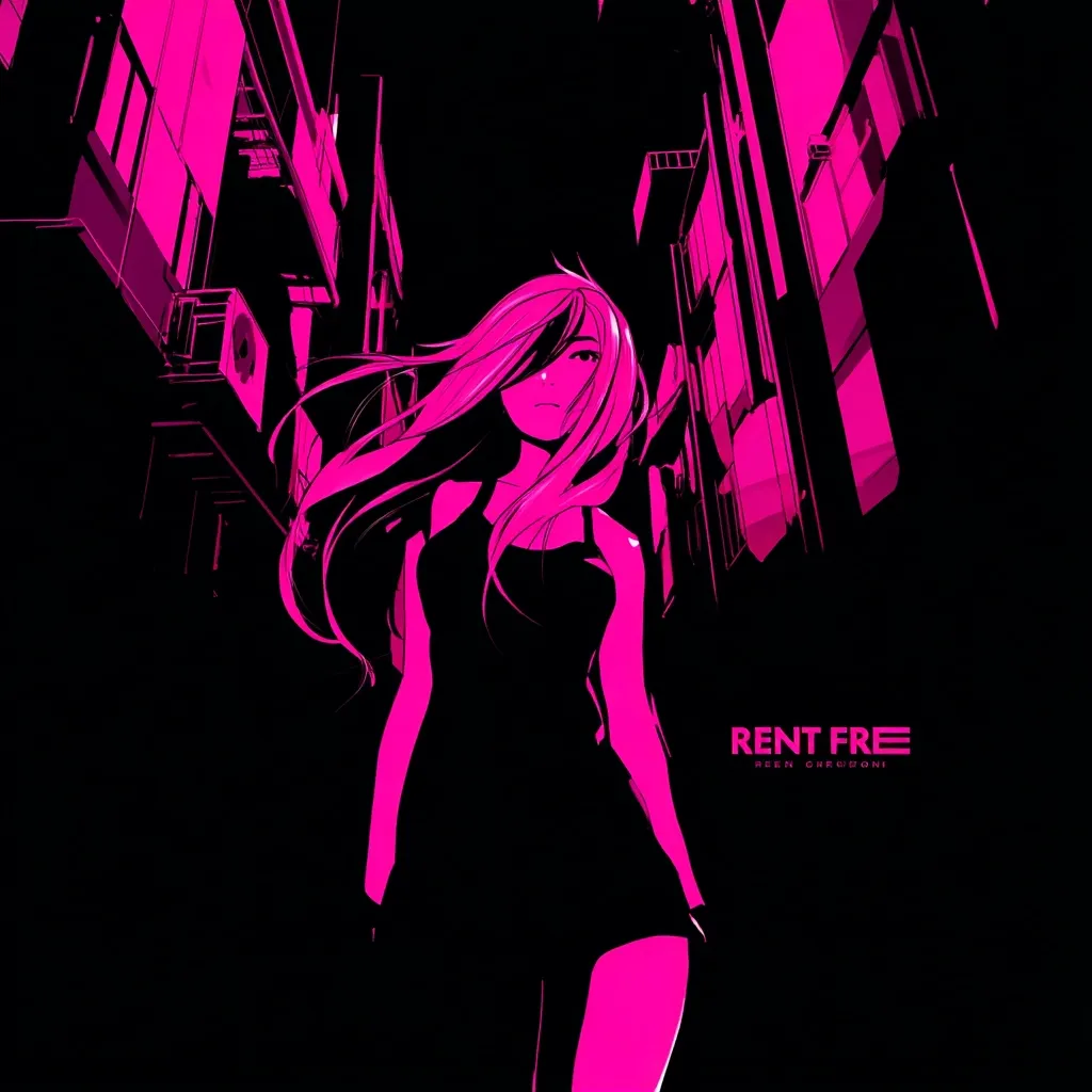 A stylized anime girl with long pink hair, wearing a black dress, stands in a dark, narrow alleyway between tall buildings.  The scene is rendered in bold pink and black, giving a strong graphic novel feel.  The text "RENT FREE" is prominently displayed, along with smaller text crediting Ben Garrison.  The overall mood is mysterious and slightly ominous.