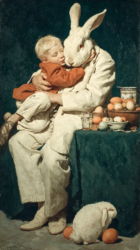 A painting depicts a young boy affectionately embracing a large white rabbit.  The rabbit is anthropomorphized, wearing a light-colored suit. The boy is dressed in an orange shirt. They sit together near a table laden with colorful Easter eggs, suggesting a festive spring setting. A smaller white rabbit sits near the table's base. The scene is rendered in warm, muted tones and conveys a sense of tenderness and innocence.