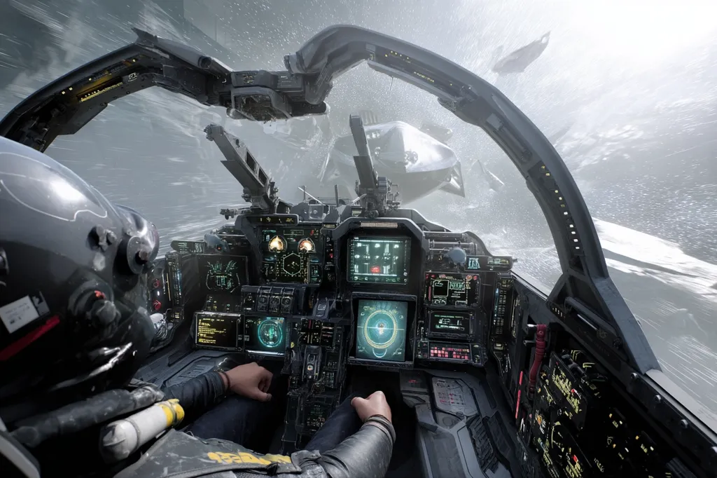 The image shows the cockpit of a futuristic fighter jet in flight.  The pilot, wearing a helmet, grips the controls.  The view outside is blurred, indicating high speed, with other spacecraft visible amidst a swirling, misty environment.  The cockpit is highly detailed, featuring numerous digital displays and advanced technology.  The overall impression is one of intense action and a science fiction setting.