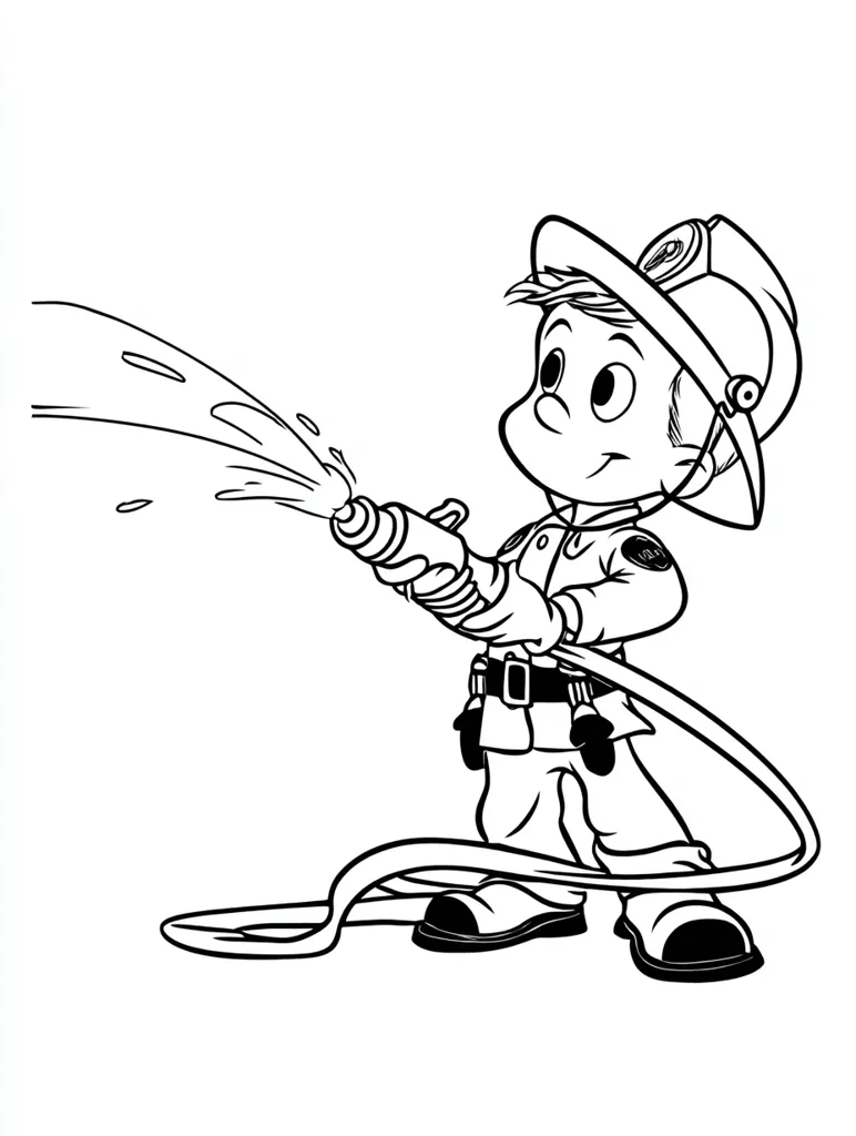A cartoon illustration of a young firefighter, wearing a helmet and uniform, holding a fire hose. Water sprays from the hose in a dynamic arc. The firefighter is depicted in a playful, childlike style with exaggerated features.  The image is in black and white, suitable for coloring. The style is reminiscent of classic cartoon characters.