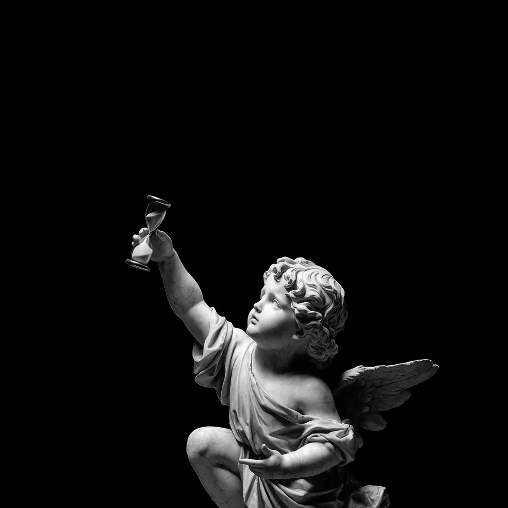 A black and white image showcases a cherubic angel statue, exquisitely carved from marble.  The angel, with delicate features and wings, reaches upward, presenting a small hourglass. The stark contrast against the black background emphasizes the statue's details and creates a dramatic, timeless mood. The scene evokes themes of mortality and the passage of time.