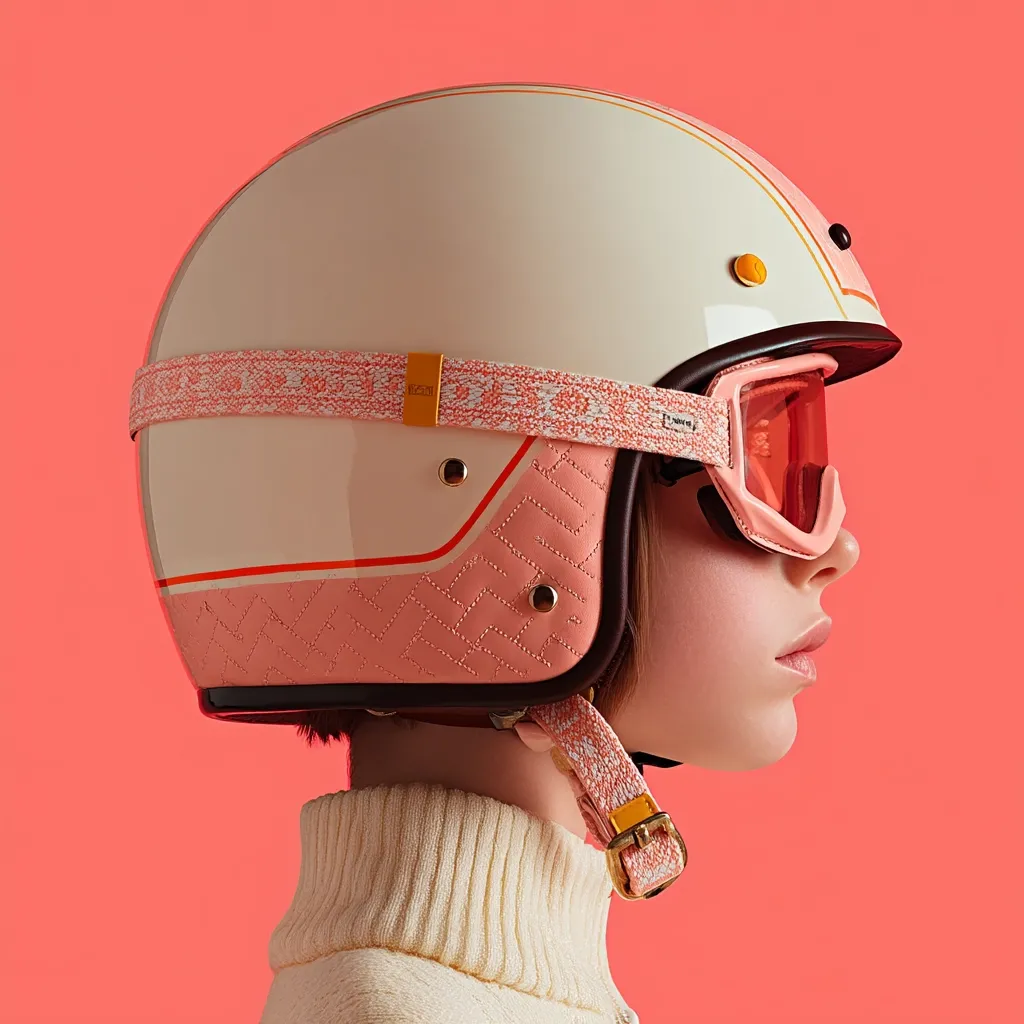 A profile view of a person wearing a stylish pastel pink and off-white helmet with matching goggles.  The helmet has a quilted texture on the lower section and a patterned band.  The individual is wearing a cream-colored turtleneck sweater. The background is a vibrant coral pink. The overall aesthetic is retro and chic.