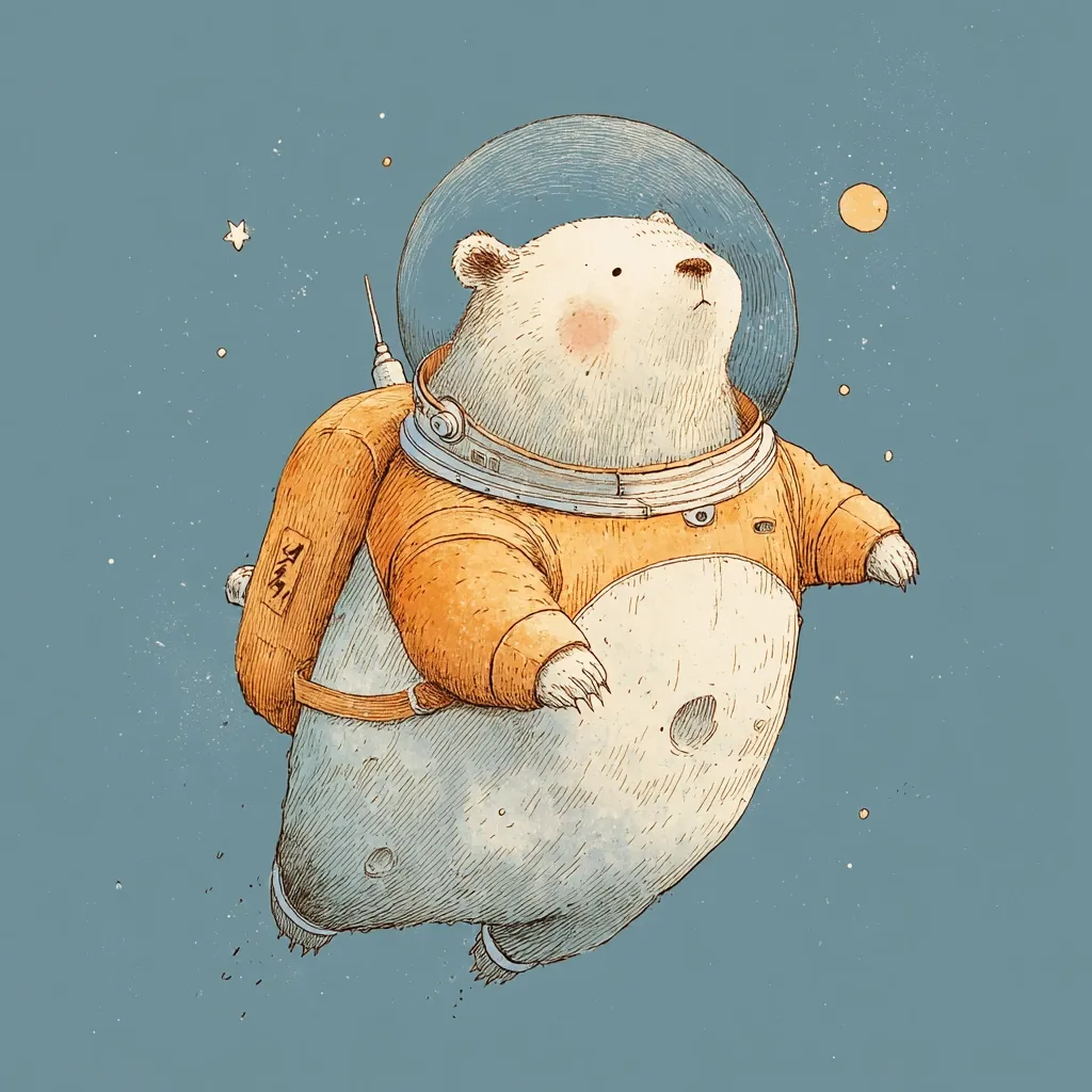 A charming illustration depicts a polar bear astronaut floating in space.  Wearing an orange spacesuit with a helmet, the bear gazes upward, seemingly in wonder.  The background is a muted blue, dotted with small stars and a distant planet. The bear's body appears textured like a moon's surface, adding a whimsical touch to this cosmic scene.  The overall style is soft and whimsical.