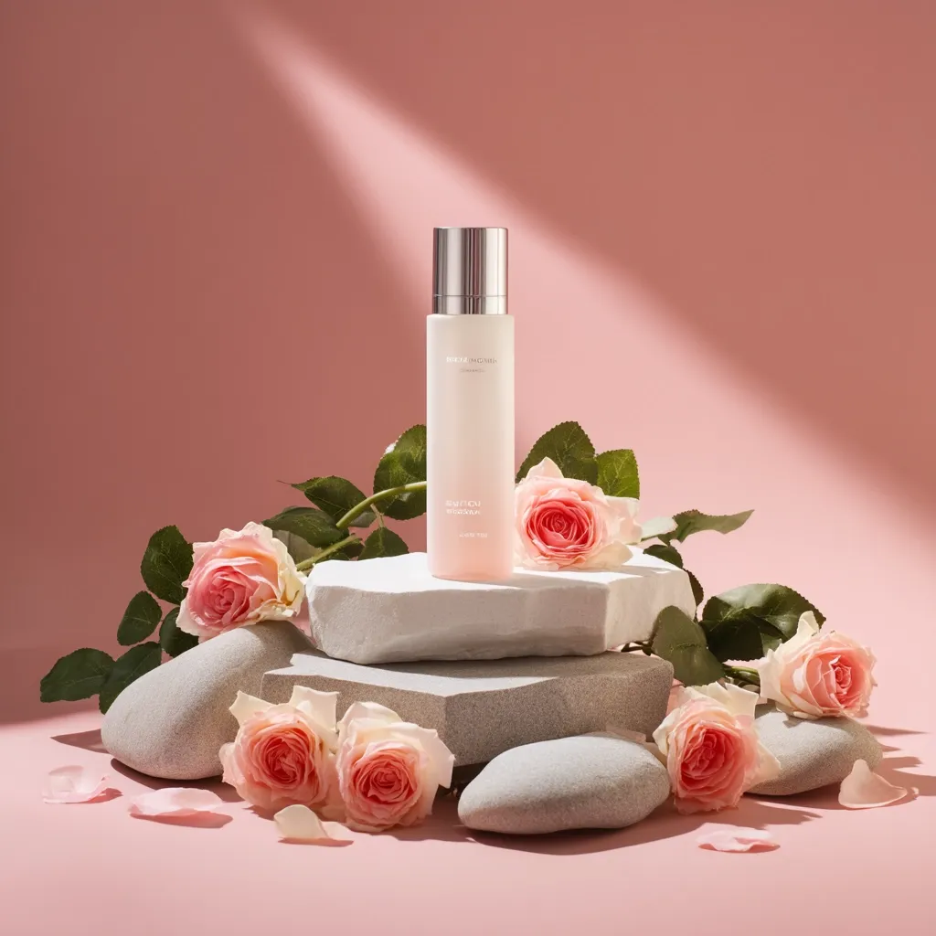 A bottle of Beauticate Rose Petal Mist sits on a stack of light gray stones, surrounded by pink roses and rose petals.  The minimalist aesthetic emphasizes the product's delicate pink hue and elegant design.  The soft pink background and gentle lighting create a serene and luxurious atmosphere.