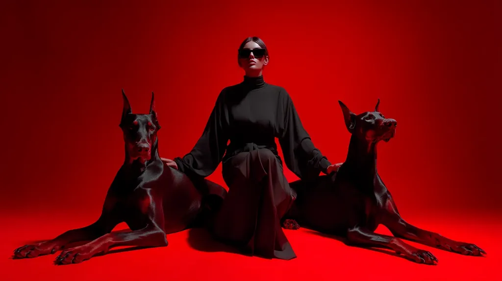 A woman in a black turtleneck dress and sunglasses sits on a red background between two black Doberman Pinschers.  The dogs are lying down, flanking her. The overall aesthetic is dark, dramatic, and stylish, with a strong emphasis on the color red and black. The image projects a sense of power and elegance.