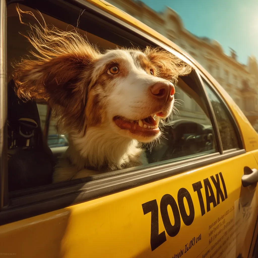 A happy Australian Shepherd dog with its ears flying in the wind, sits in the back of a yellow "Zoo Taxi." The dog's head and shoulders are visible through the open car window, its tongue slightly out.  The bright sunlight illuminates the scene, creating a cheerful and playful atmosphere. The taxi's signage is clearly visible.