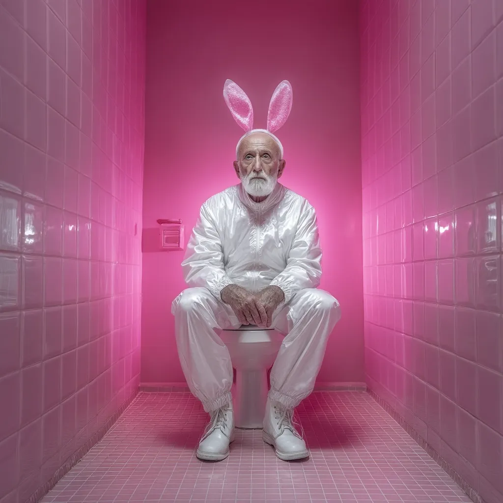 An elderly man with a white beard, wearing a white jumpsuit and pink bunny ears, sits on a toilet in a pink-tiled bathroom.  The stark pink lighting and the man's unusual attire create a surreal and slightly unsettling image.  His expression is serious and contemplative.  The overall scene is minimalist and visually striking.