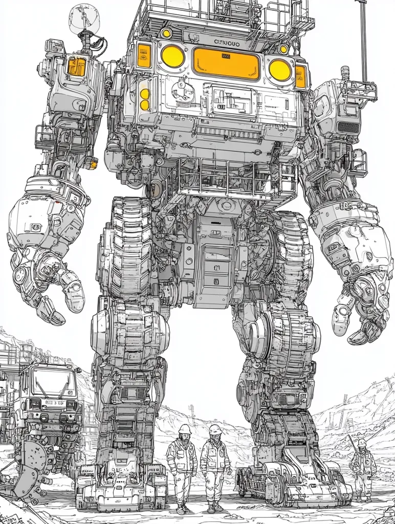 A colossal, intricately detailed mecha dominates the scene, its design suggesting a blend of industrial machinery and humanoid form.  Smaller vehicles and three human figures in work attire stand dwarfed beneath its immense legs, emphasizing its scale. The drawing style is precise and linear, highlighting the complex mechanical workings of the giant robot in a barren, rocky landscape.