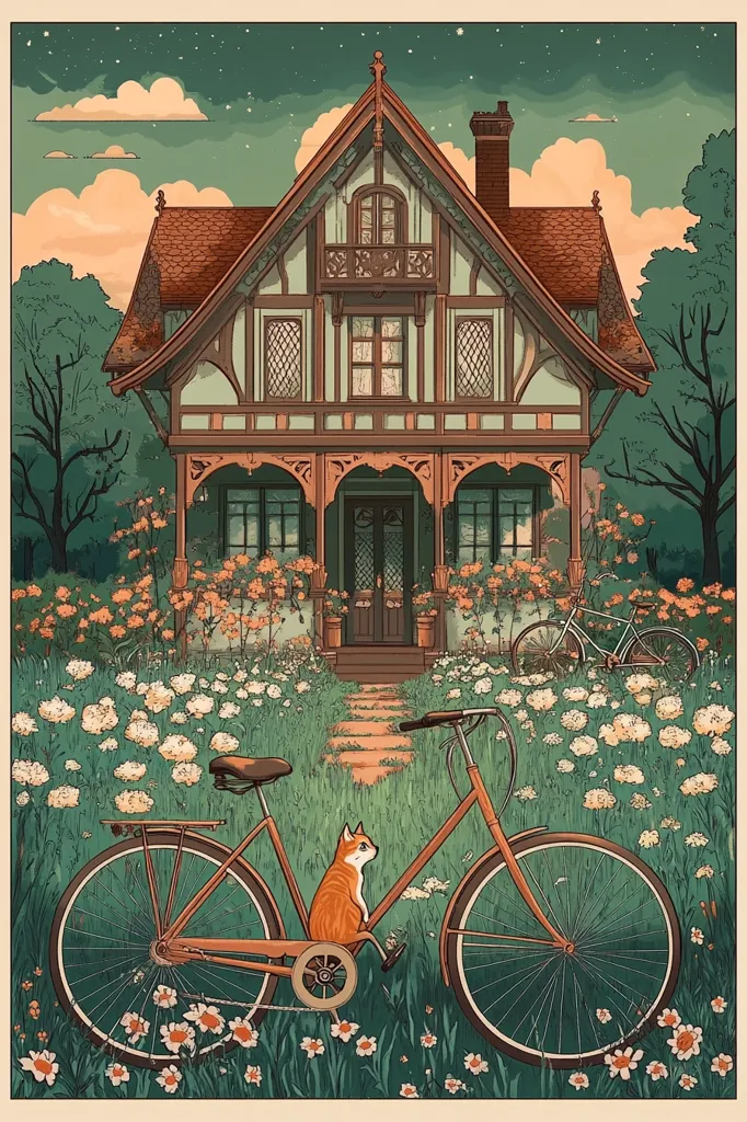 A charming illustration depicts a quaint, half-timbered house nestled amidst a vibrant garden.  A rusty orange bicycle rests in the foreground, with a ginger cat perched on the rear carrier.  Another bicycle is partially visible in the background, adding to the idyllic, peaceful scene. The overall style is reminiscent of vintage travel posters or storybook illustrations.