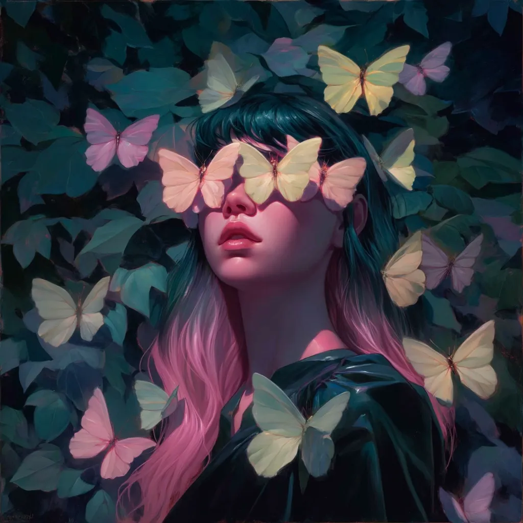 A young woman with pink and teal hair is surrounded by numerous butterflies.  Pale yellow and pink butterflies gently obscure her eyes, creating a dreamlike, ethereal atmosphere. She is dressed in dark clothing and set against a backdrop of deep green foliage. The overall mood is serene and mystical, highlighting the beauty of nature and its connection to the woman.