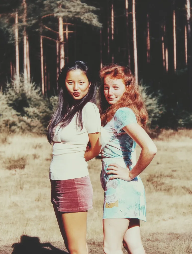 Two young women stand in a sun-drenched field, a backdrop of tall pine trees.  The woman on the left has dark hair and wears a white shirt and a burgundy velvet mini-skirt.  The woman on the right has vibrant red hair and is wearing a light blue patterned mini-dress.  Both are smiling, creating a friendly and carefree atmosphere.  The image evokes a sense of summer and youth.