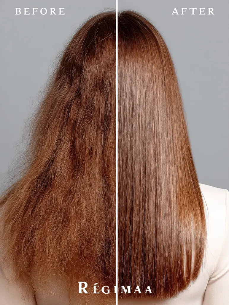 The image shows a before-and-after comparison of hair treatment.  The "before" side depicts dry, frizzy, and damaged hair.  The "after" side showcases smooth, straight, and healthy-looking hair.  The transformation highlights the effectiveness of a hair treatment, likely a smoothing or straightening product, by the brand Régimaa.
