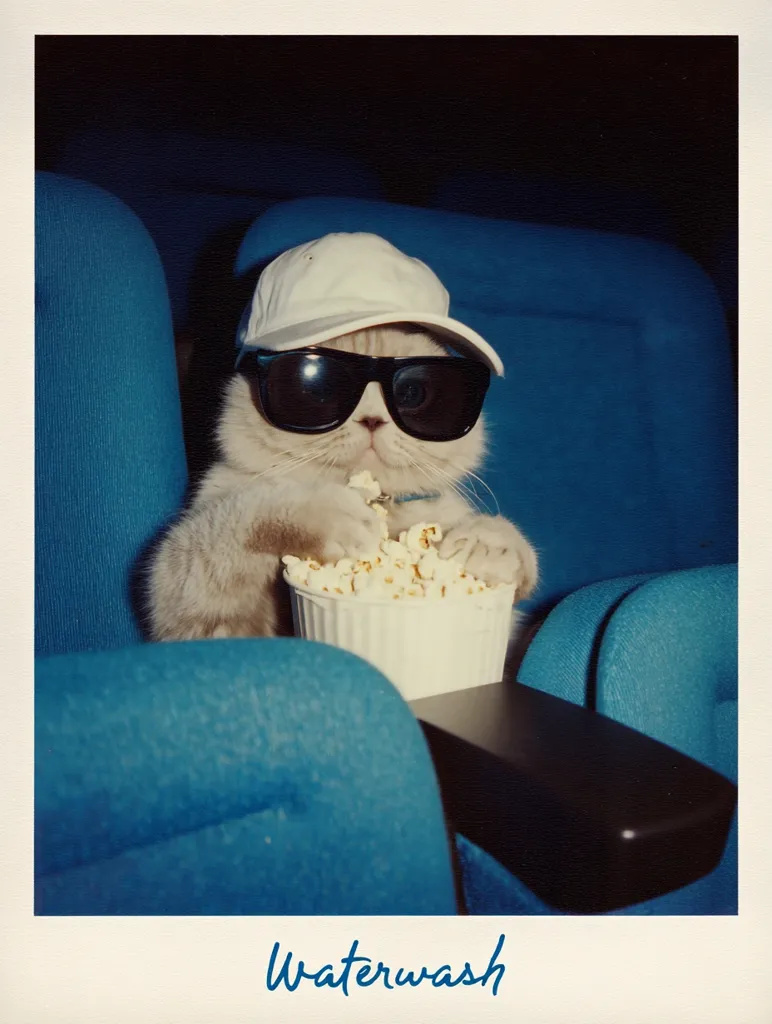 A fluffy grey cat, sporting a white baseball cap and sunglasses, enjoys a movie.  Seated in a blue theater chair, the cat paws at a bucket of popcorn, creating a humorous and endearing scene. The image has a nostalgic, vintage feel, reminiscent of a Polaroid snapshot.  The text "Waterwash" is subtly placed below.
