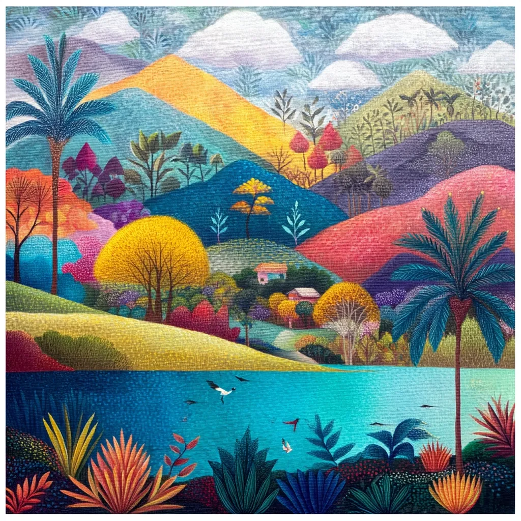A vibrant landscape painting showcases a serene lake nestled amidst colorful, stylized hills.  Palm trees and diverse foliage frame the scene, adding tropical elements to the hills painted in bold hues of yellow, red, blue, and purple.  Small houses are tucked amongst the vegetation, and birds fly over the tranquil turquoise water. The overall style is whimsical and highly saturated.