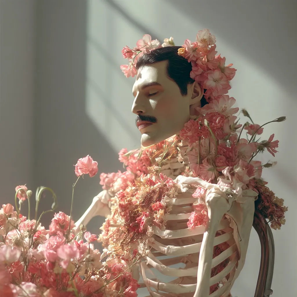 A stylized image depicts a human skeleton adorned with delicate pink flowers, its head replaced with a likeness of Freddie Mercury.  The flowers cascade from a crown atop his head, down his shoulders, and across his ribcage.  His eyes are closed, conveying a serene yet melancholic mood. The overall aesthetic is both beautiful and slightly macabre. The soft lighting accentuates the contrast between the delicate flowers and the skeletal form.