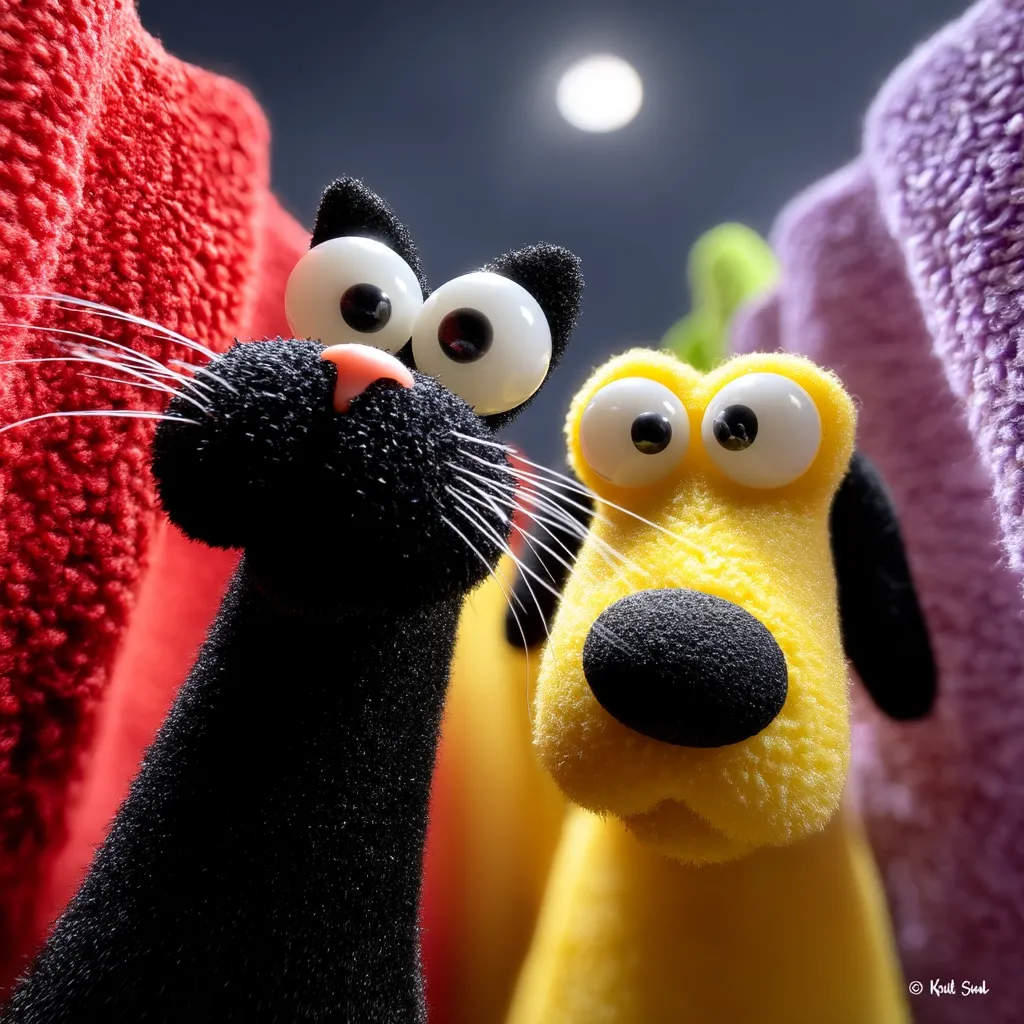 Close-up view of a black cat and yellow dog puppet, both with large, expressive eyes.  The puppets are positioned against a blurred background of colorful fabric, possibly towels. The scene is dimly lit, with a bright light source visible in the upper background, creating a dramatic effect.  The texture of the puppets is fuzzy and slightly rough.