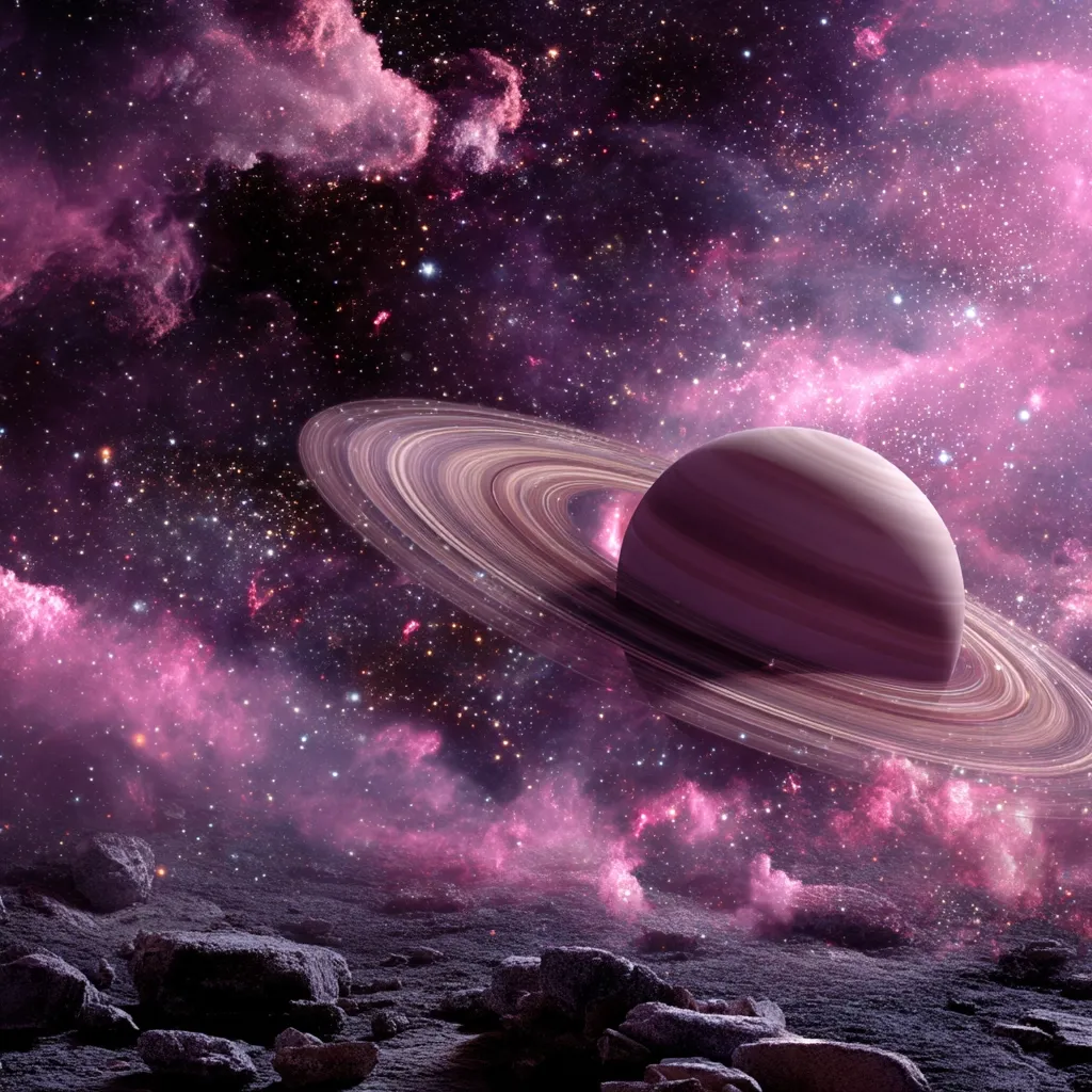 A breathtaking cosmic scene unfolds, showcasing a ringed planet dominating the foreground.  Its purplish hue contrasts beautifully with the vibrant pink nebulae swirling in the background.  Stars twinkle amidst the cosmic dust, creating a mesmerizing display of celestial beauty.  In the lower portion, a rocky, desolate landscape suggests an alien world. The overall image is one of ethereal wonder and otherworldly majesty.