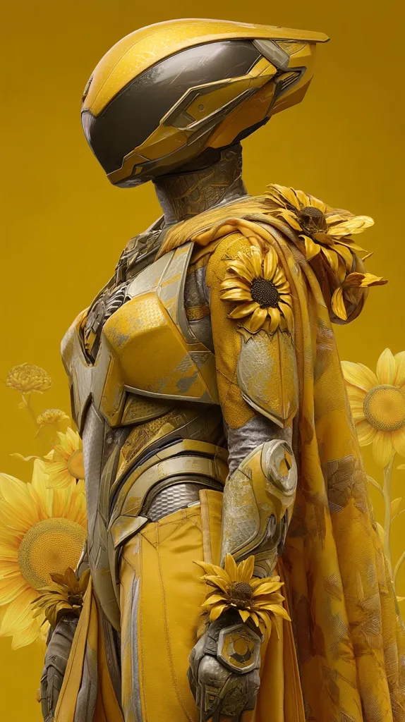 A striking digital artwork showcases a futuristic female figure in a vibrant yellow suit of armor.  The armor is intricately detailed, with a helmet resembling a sleek, modern design.  Sunflowers, also in shades of yellow and gold, adorn her armor and cape, creating a harmonious blend of technology and nature. The background is a solid, matching yellow, enhancing the overall monochromatic aesthetic.