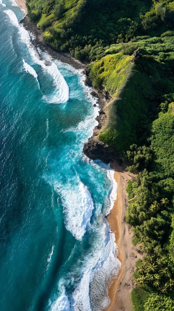 An aerial view captures a secluded beach nestled between lush, verdant cliffs and the turquoise ocean.  Waves crash against the shore, creating white foam that contrasts beautifully with the deep blue water. The sandy beach curves gently, offering a tranquil escape.  Lush tropical vegetation covers the cliffs, adding to the idyllic and remote setting.