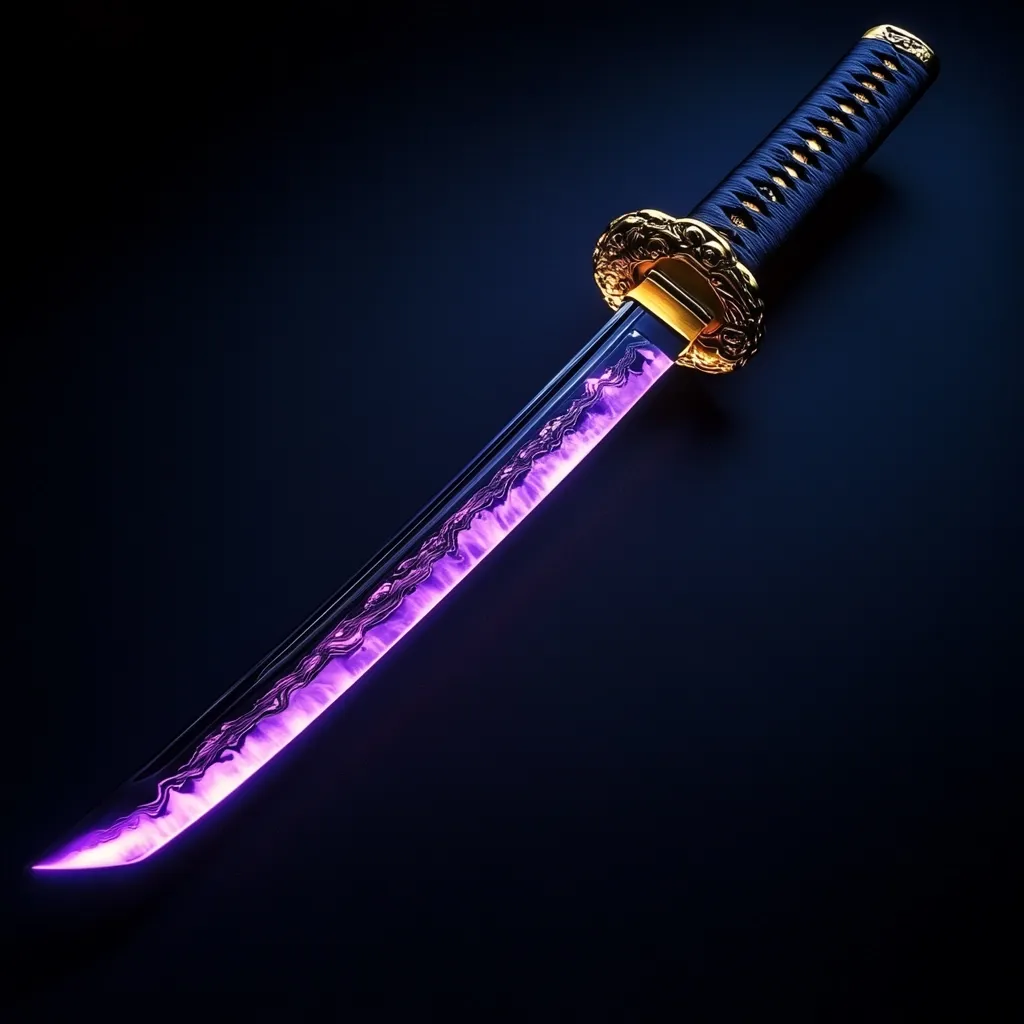 A katana, a traditional Japanese sword, is showcased against a dark background.  The blade glows with an ethereal purple light, resembling flowing flames.  The hilt is adorned with intricate gold detailing, providing a striking contrast to the dark scabbard and vibrant blade. The overall image evokes a sense of power and mystique.