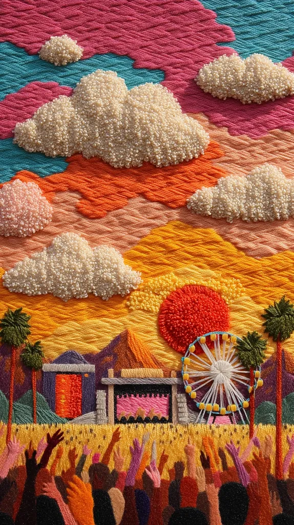A vibrant embroidered artwork depicts a lively outdoor music festival scene.  A stylized sunset dominates the background, with textured clouds rendered in pearl-like beads.  Palm trees flank a stage, and a Ferris wheel adds to the festive atmosphere.  The foreground shows a crowd of raised hands, celebrating the event. The entire piece is rich in color and texture, suggesting a joyful and energetic mood.
