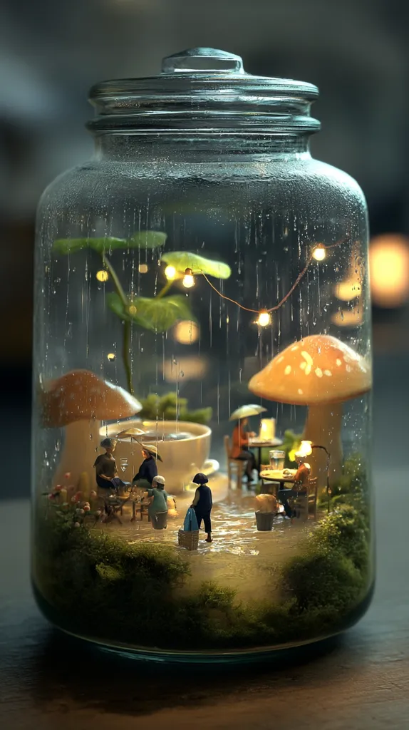 A miniature scene within a glass jar depicts a rainy day at a quaint outdoor cafe.  Tiny figures sit under umbrellas at small tables, enjoying coffee.  Mushrooms and a small plant add to the whimsical ambiance.  String lights illuminate the scene, creating a cozy and enchanting atmosphere within the jar. Rain droplets cling to the glass, enhancing the realism of the miniature world.