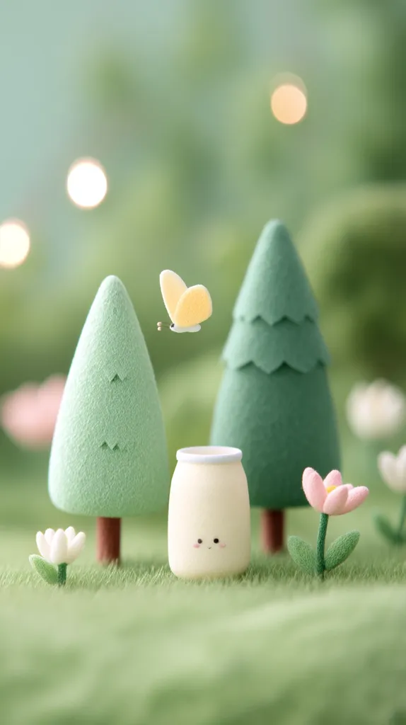 A charming miniature scene unfolds: two felt-like evergreen trees stand sentinel beside a small, smiling yogurt container.  A delicate yellow butterfly flits nearby, adding to the whimsical atmosphere.  Tiny white and pink flowers dot the verdant landscape, creating a serene and idyllic miniature world. The overall aesthetic is soft, pastel, and evokes feelings of calm.