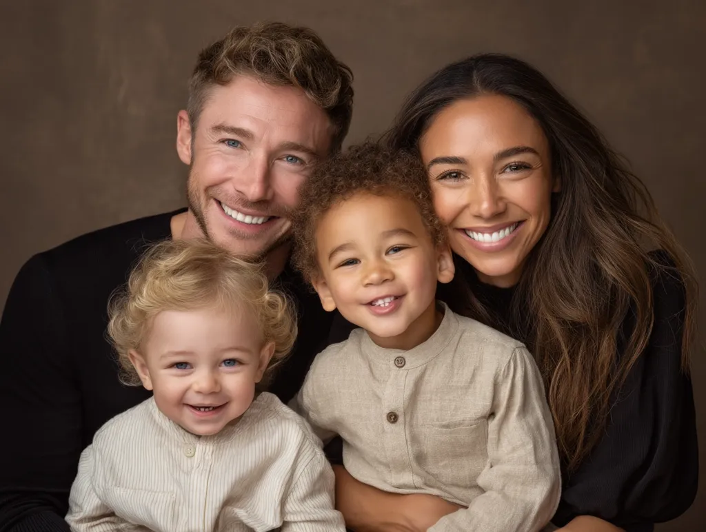 A happy family portrait shows a smiling couple embracing their two young children. The father, with light brown hair, and the mother, with long dark hair, sit closely together, each holding a child. One child is light-skinned with curly blond hair; the other is mixed-race with dark, curly hair. All four family members are smiling brightly, creating a warm and loving image.