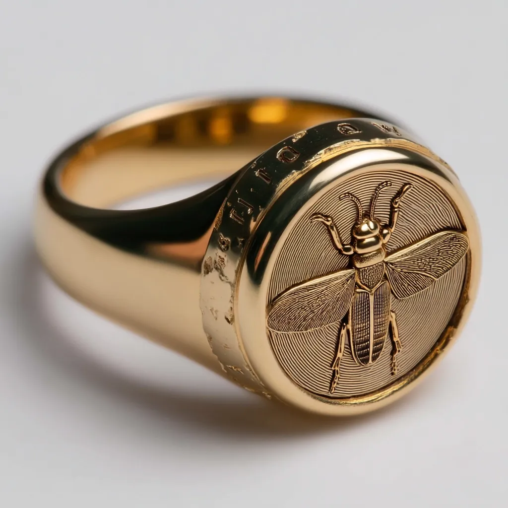 A gold signet ring features a meticulously detailed insect, possibly a beetle or fly, engraved on its circular face.  The inscription on the band is partially visible. The ring's design is classic and weighty, with a polished, high-shine finish. The insect is centrally positioned and rendered with fine lines, showcasing intricate detail in its wings and body.