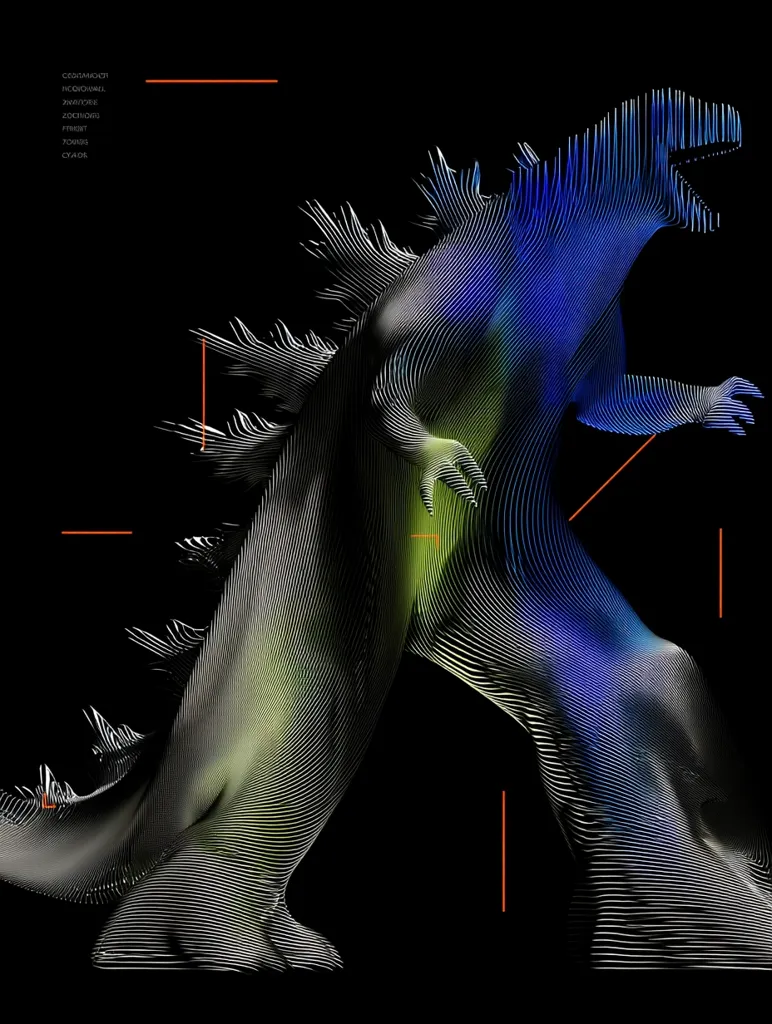 A stylized Godzilla-like creature is depicted in a monochromatic color scheme with shades of blue and green.  Its form is rendered using thin, parallel lines creating a three-dimensional wireframe effect against a black background.  Orange lines are subtly overlaid, adding a geometric element to the design. The image evokes a sense of both power and technological abstraction.