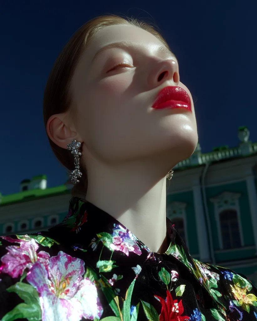 Close-up portrait of a fair-skinned woman with her eyes closed, wearing a vibrant floral shirt and dangling earrings.  Her lips are painted a bold red.  The sun casts shadows on her face, highlighting her features.  A teal-green building forms a blurred background, suggesting an outdoor setting. The overall aesthetic is one of high fashion and serene beauty.