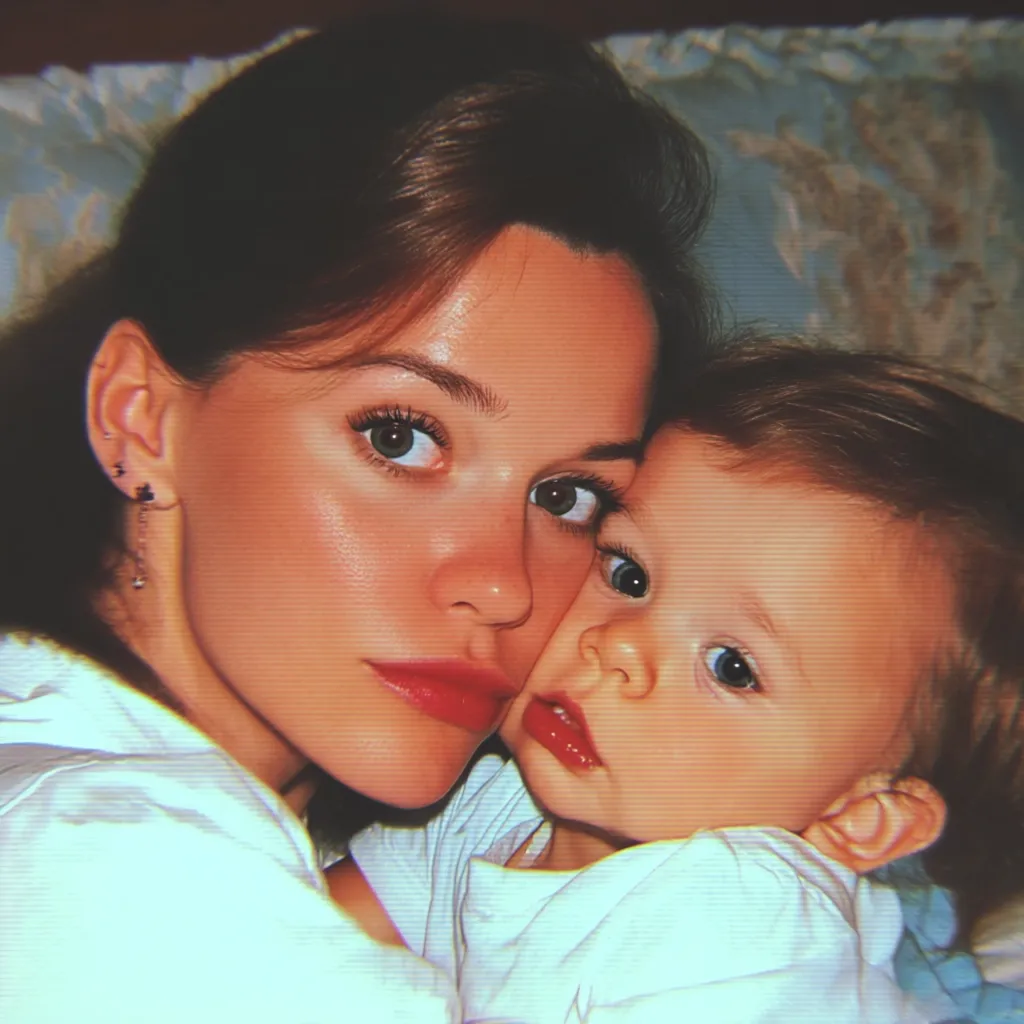 A close-up shot captures a young mother and her toddler. The mother, with brown hair and piercing green eyes, gazes directly at the camera, her face softly illuminated.  The toddler, nestled close, has large, expressive eyes and rosy cheeks.  Both are wearing light-colored clothing. The image has a warm, nostalgic filter, enhancing its intimate and loving feel.