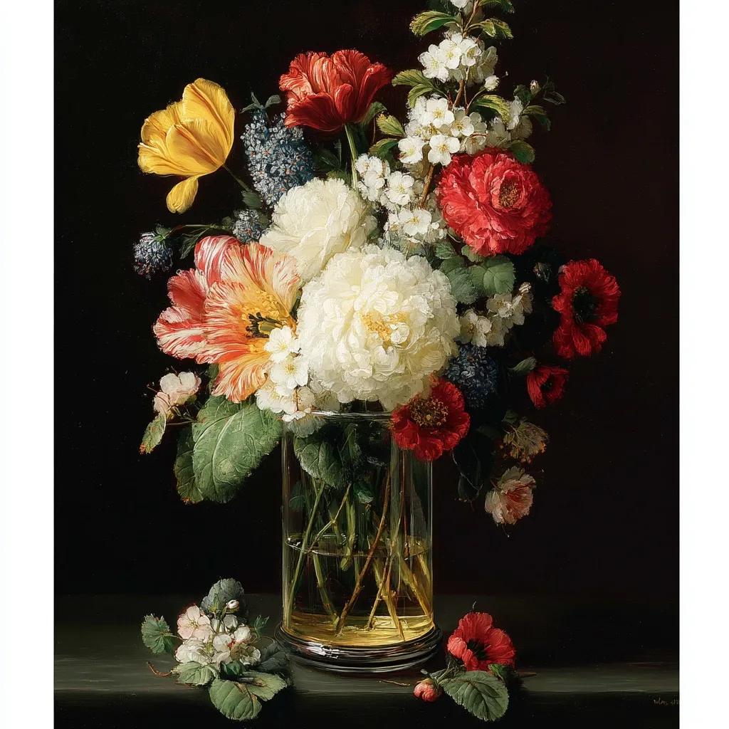 A vibrant still life painting showcases a lush bouquet of flowers in a clear glass vase.  Red and orange tulips, white peonies, red poppies, and delicate white blossoms are arranged with masterful brushstrokes against a dark background. The painting exudes a sense of richness and attention to detail, capturing the beauty and fragility of the blooms.  The subtle light enhances the textures and colors of each individual flower.