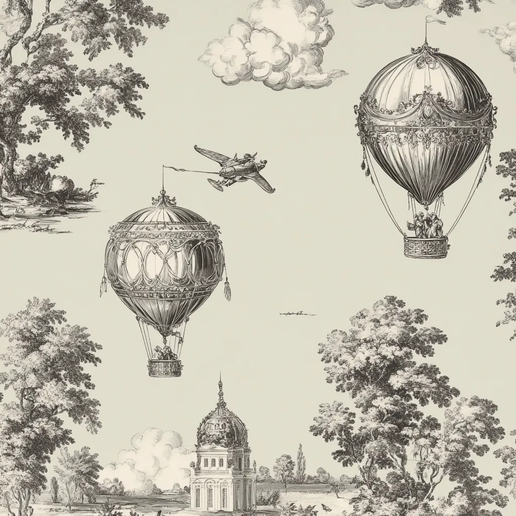 A pale green wallpaper features a whimsical scene of hot air balloons and a vintage airplane soaring above a picturesque landscape.  Ornate, detailed drawings of the balloons and a small plane are rendered in black and white, contrasting beautifully with the soft background.  Trees and a domed building add to the charming, almost fairytale-like atmosphere. The design is elegant and nostalgic, blending elements of history and fantasy.