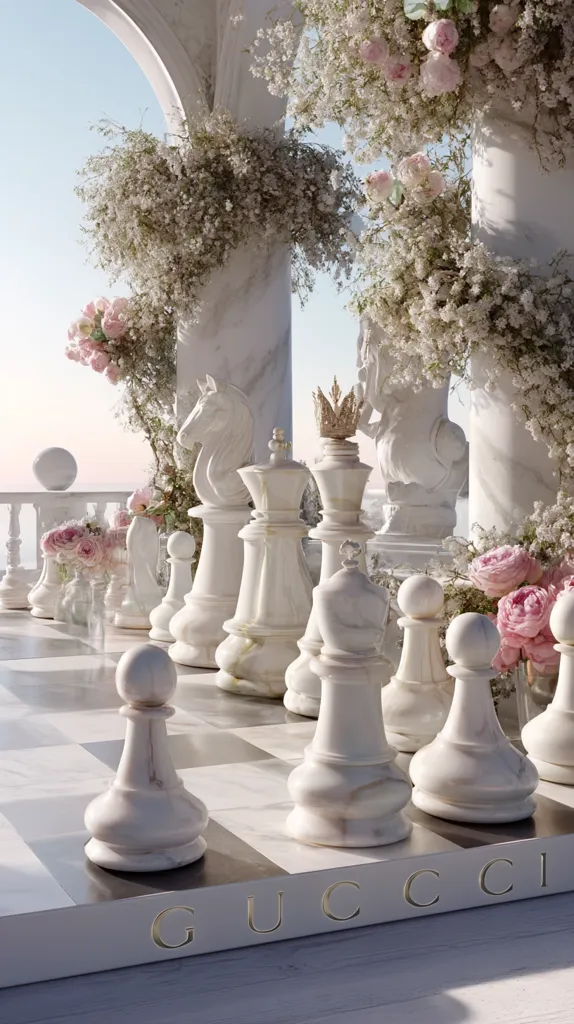 A Gucci-branded chessboard sits outdoors on a terrace adorned with marble columns and cascading pink and white flowers.  Large, ornate marble chess pieces are arranged on the board, with the king piece crowned with a gold crown.  The scene is bathed in soft, natural light, creating a luxurious and elegant atmosphere.  The overall aesthetic is romantic and sophisticated.
