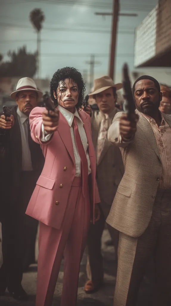 A stylized image depicts Michael Jackson, center, in a pink suit, flanked by men in suits, each wielding a handgun.  The scene is set on a city street, with a muted color palette enhancing the dramatic mood. Jackson's intense gaze commands attention as he holds his gun, a powerful visual statement within the group. The overall aesthetic suggests a blend of 1970s style and contemporary art.