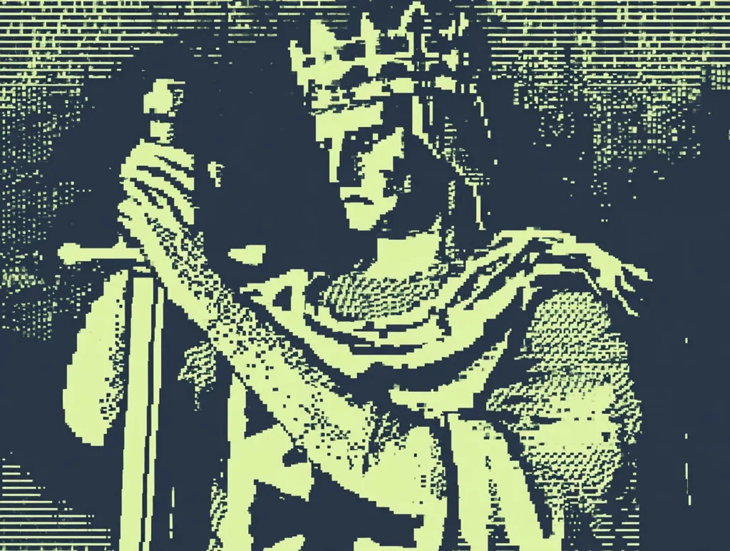 A stylized pixel art depiction of a king. He is crowned and wears armor, holding a sword upright. The image is monochromatic, using shades of pale green and dark teal, creating a retro or vintage aesthetic. The king's expression is serious, and the overall style suggests a medieval or fantasy setting. The pixelated texture adds to the image's unique, slightly grainy appearance.