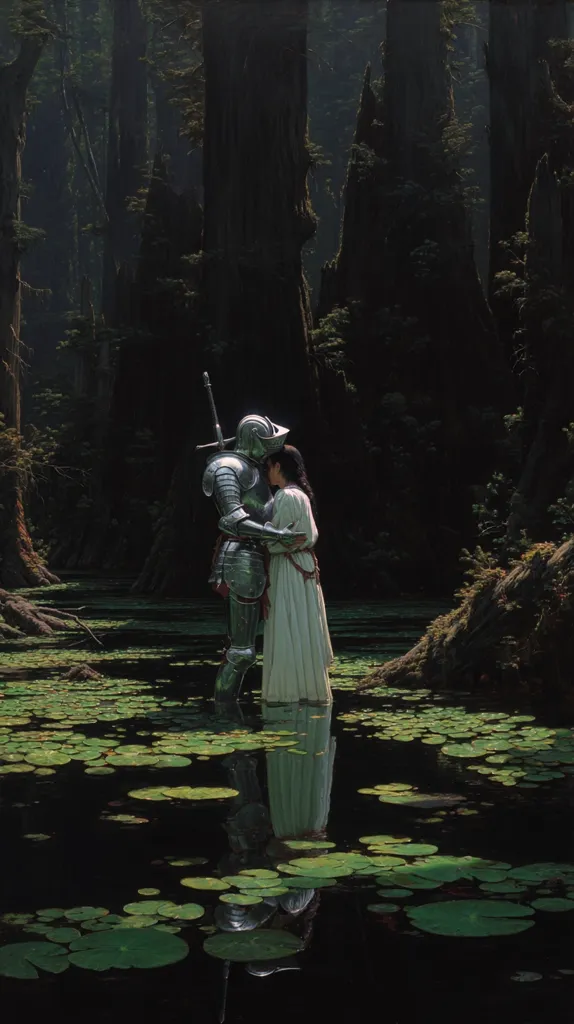 A knight in shining armor stands in a dark, swampy forest, embracing a woman in a flowing white gown.  Lily pads cover the still water reflecting their figures.  The scene is shrouded in shadow and mystery, evoking a sense of romance and fantasy.  The knight's sword is visible, adding a touch of danger to the tender moment. The tall, dark trees form a dramatic backdrop to their quiet encounter.
