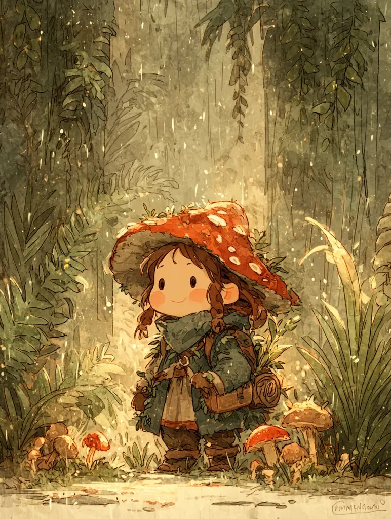 A charming illustration depicts a small child, adorned in a large mushroom cap and a blue coat, venturing through a lush forest. Rain gently falls, creating a serene atmosphere. The child carries a backpack, adding to their adventurous spirit.  Surrounding them are various mushrooms and vibrant greenery, enhancing the whimsical fairytale setting. The artwork showcases a delicate, soft color palette and intricate details.