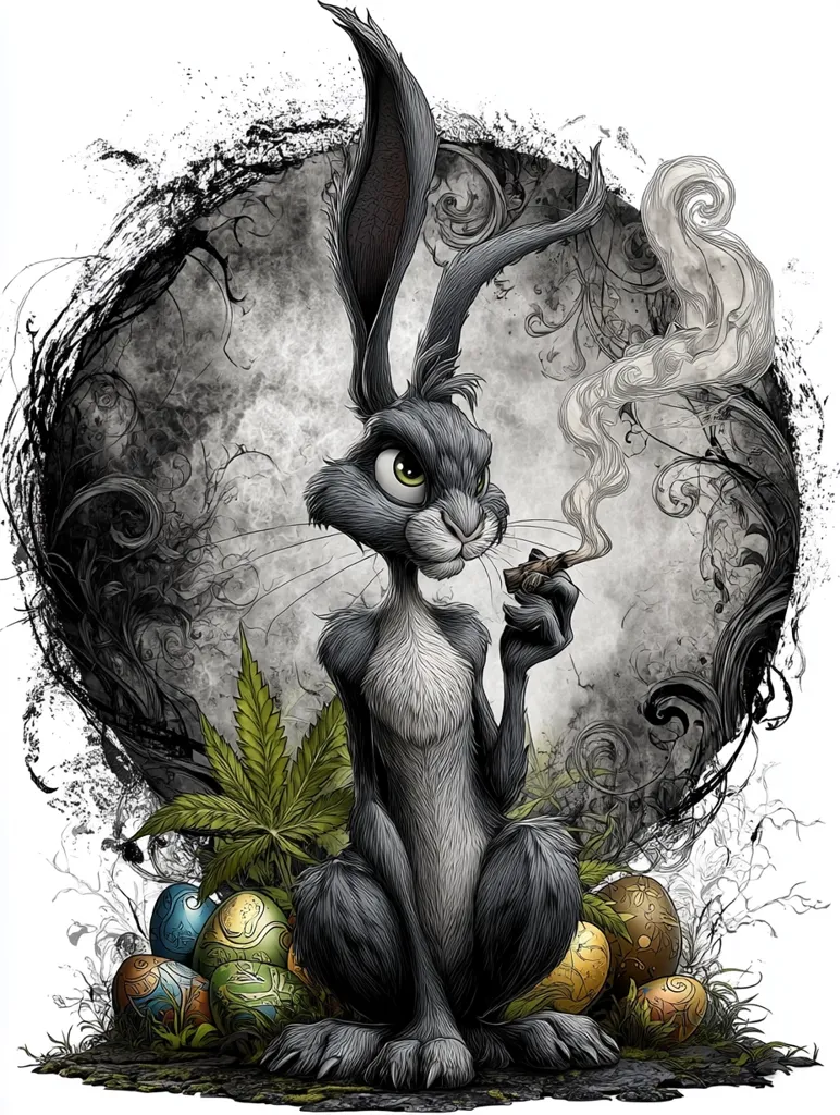 A stylized illustration of a dark grey rabbit, reminiscent of Bugs Bunny, sits amidst Easter eggs and marijuana leaves.  The rabbit holds a smoking pipe, exhaling smoke in a swirling pattern.  The background features a dark, ornate circular frame with a grunge texture. The overall style is dark, edgy, and somewhat rebellious, contrasting the typical cheerful imagery associated with Easter.