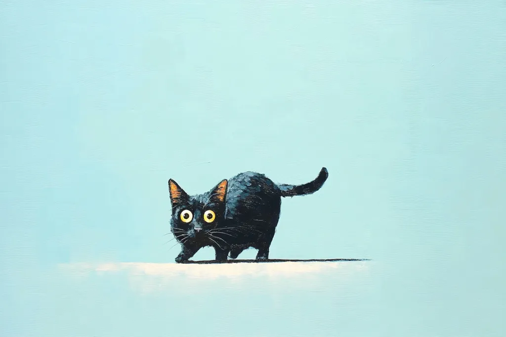 A painting of a black cat with large, round eyes. The cat is depicted in a crouched position, appearing alert and slightly wary. It is set against a light blue background, creating a striking contrast.  The style is simplistic, almost cartoonish, yet conveys a sense of the cat's personality.  The texture of the paint is visible, adding to the artwork's charm.