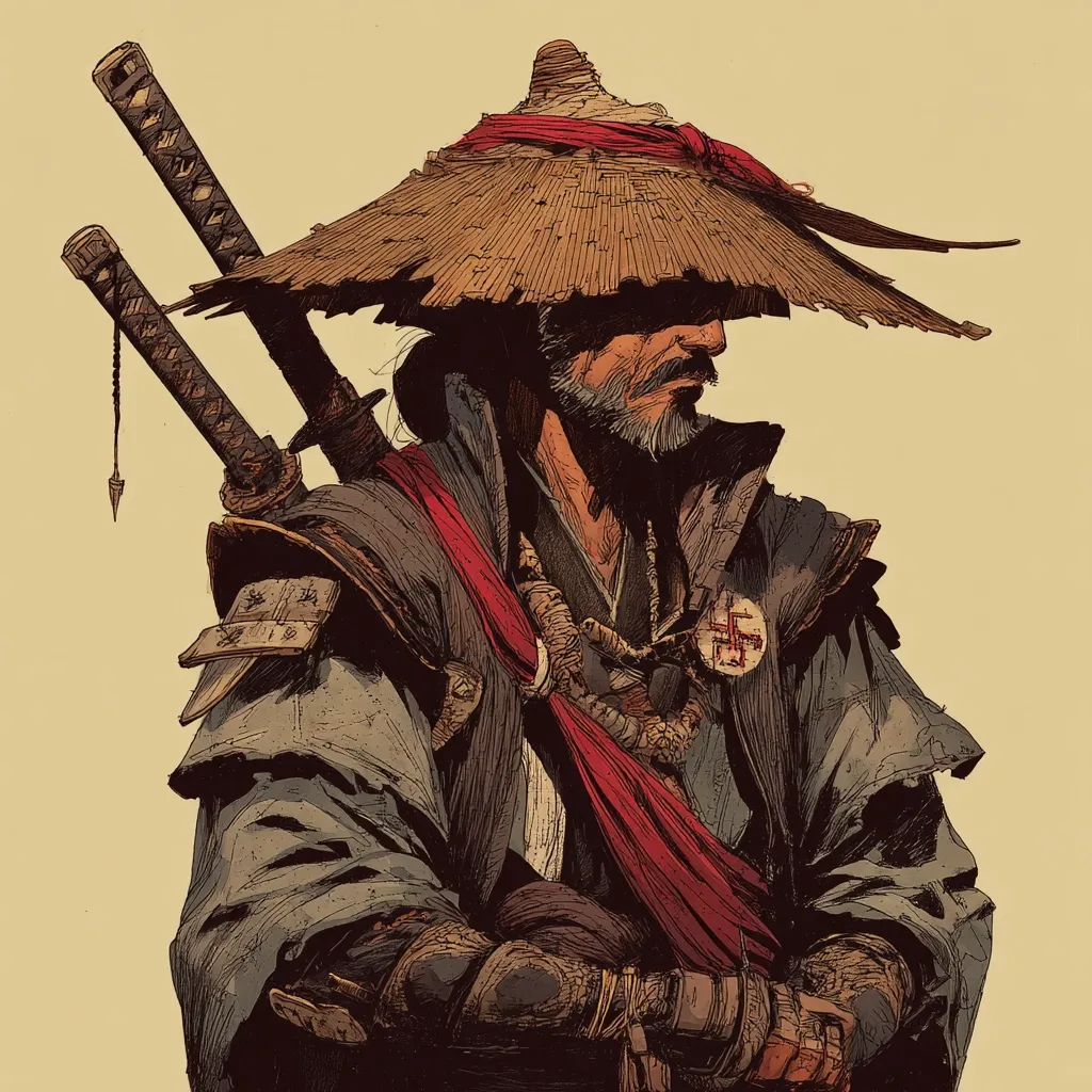 A weathered samurai, his face etched with years of experience, stands in profile.  He wears a wide-brimmed straw hat and a worn, dark robe, adorned with a red sash. Two katana are strapped to his back. His arms are crossed, hands wrapped in protective bindings, reflecting a seasoned warrior's quiet strength and contemplation.  The style is reminiscent of a detailed ink drawing, emphasizing texture and detail.